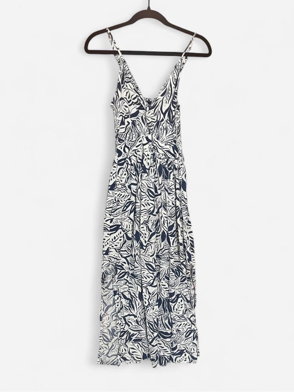 Angie Navy and White Leaf-Print Maxi Dress